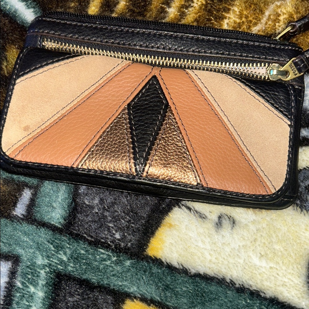 Fossil Black and Tan Wallet with Gold Accents